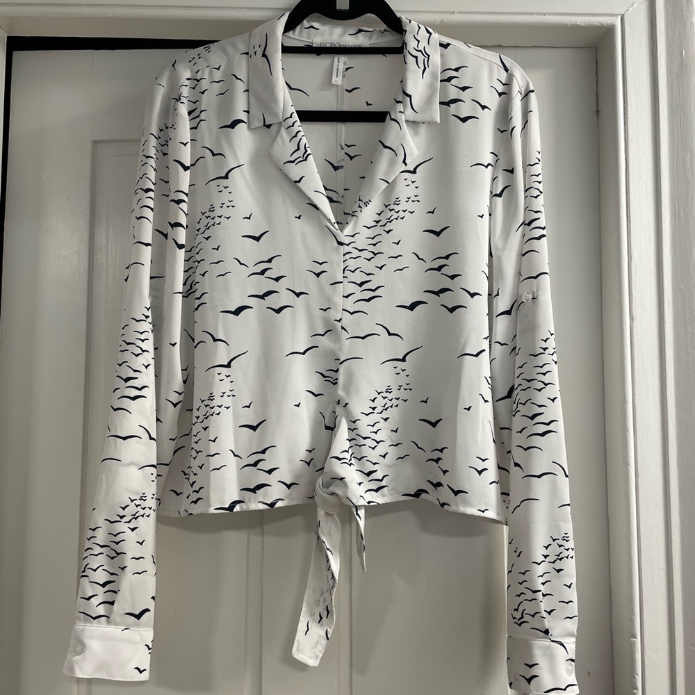 BCBGeneration white crop top with blue birds. Size large